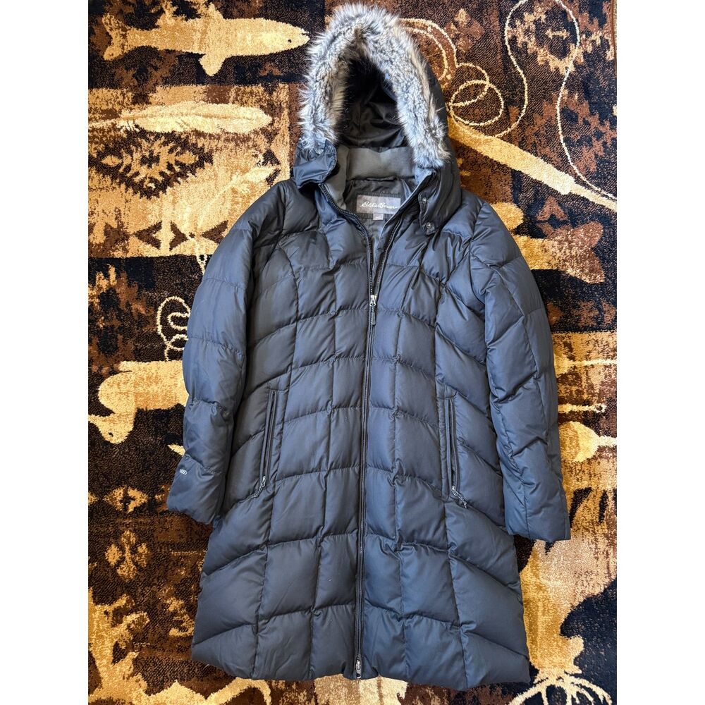 Eddie Bauer Black Down Puffer Coat Fur Hood Mid Length Long Winter Jacket L